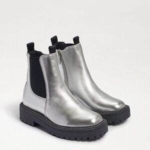 Sam Edelman Chelsea Silver Leather Ankle Boots with Black Accents